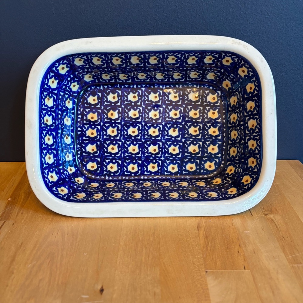 Polish Pottery Ceramic Baking Dish – Blue & White Floral Pattern